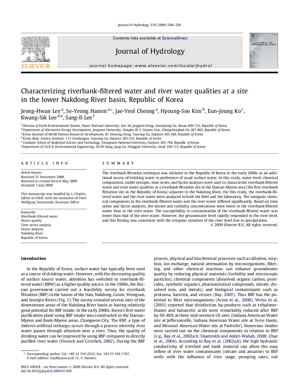 Characterizing riverbank-filtered water and river water qualities at a site in the lower Nakdong River basin, Republic of Korea