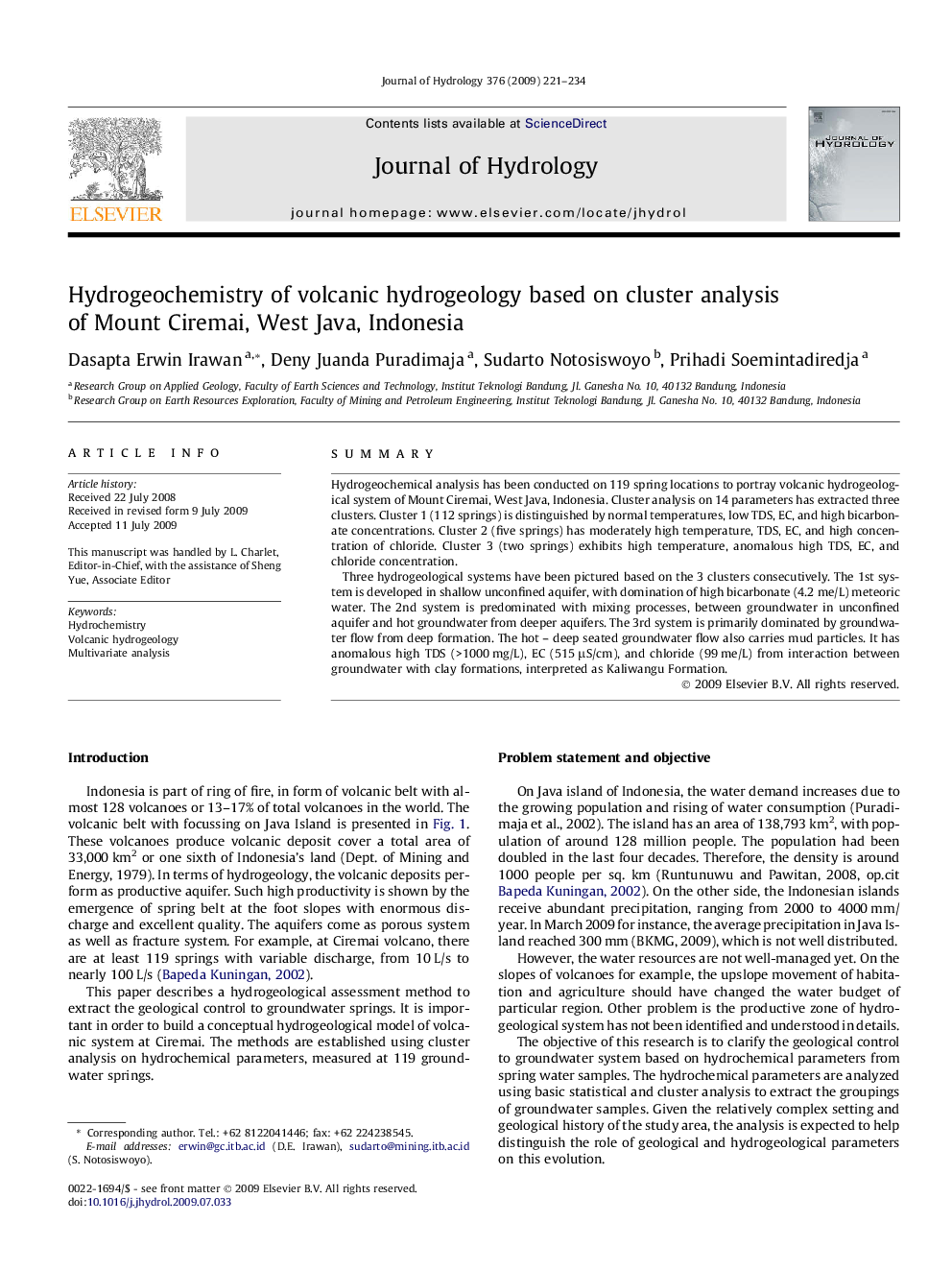 Hydrogeochemistry of volcanic hydrogeology based on cluster analysis of Mount Ciremai, West Java, Indonesia