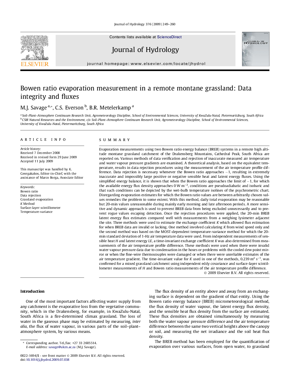 Bowen ratio evaporation measurement in a remote montane grassland: Data integrity and fluxes