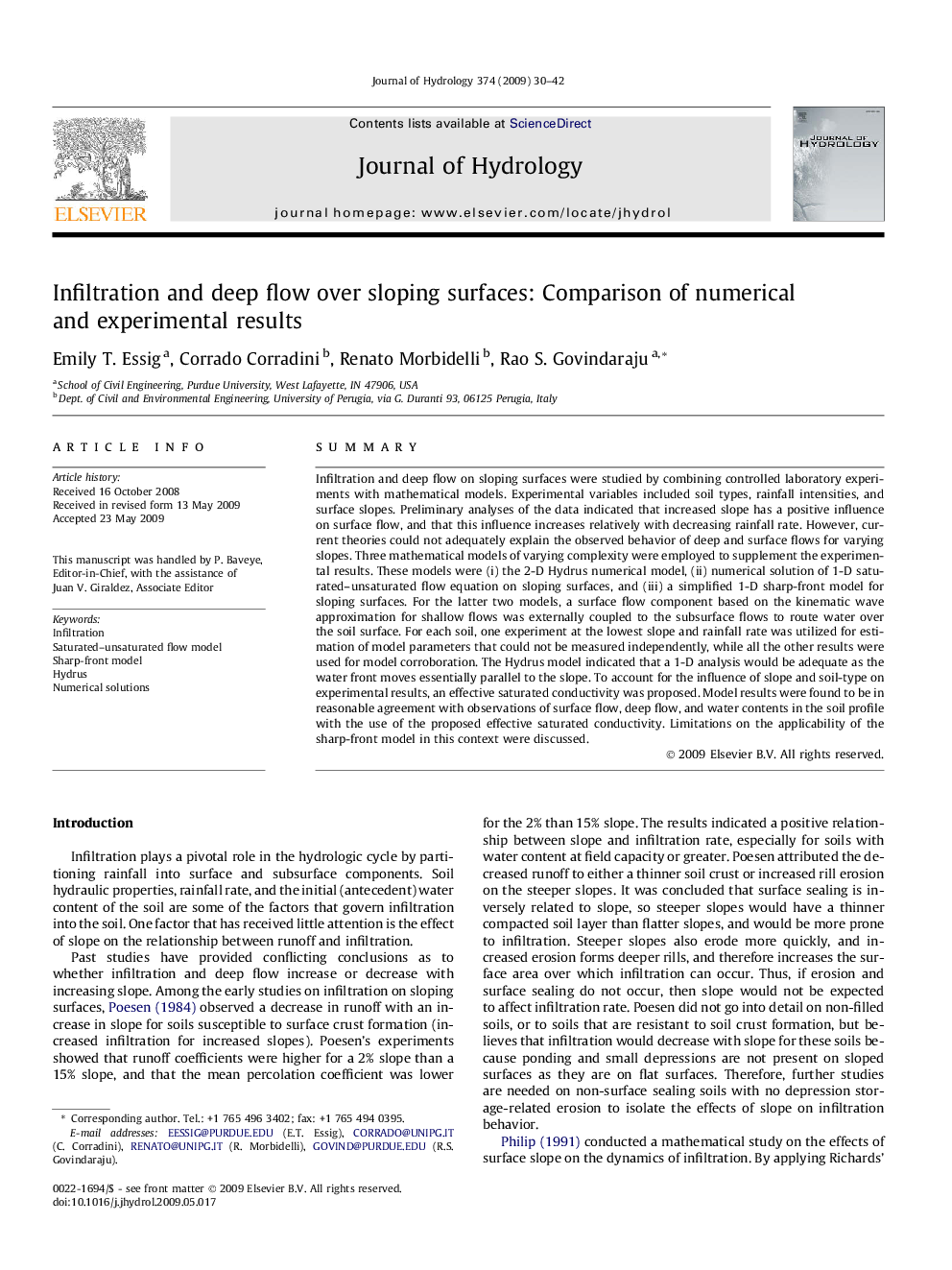 Infiltration and deep flow over sloping surfaces: Comparison of numerical and experimental results