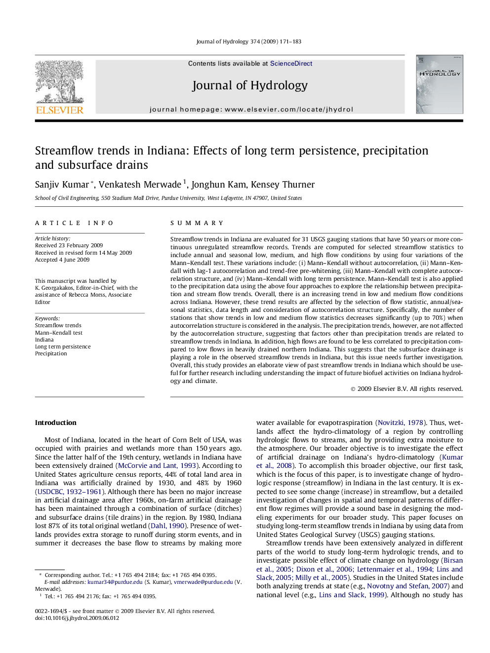 Streamflow trends in Indiana: Effects of long term persistence, precipitation and subsurface drains