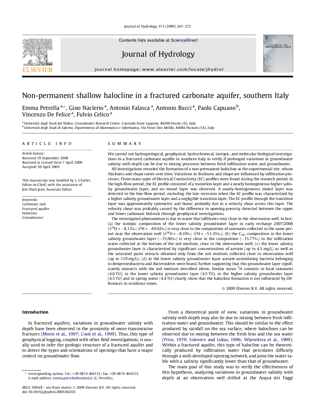 Non-permanent shallow halocline in a fractured carbonate aquifer, southern Italy