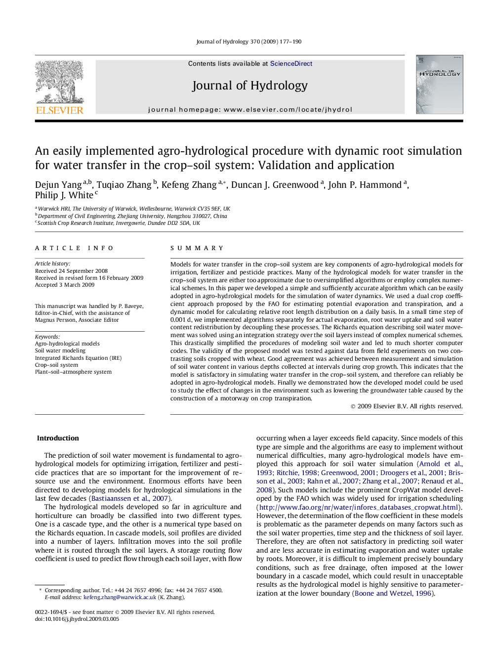 An easily implemented agro-hydrological procedure with dynamic root simulation for water transfer in the crop–soil system: Validation and application