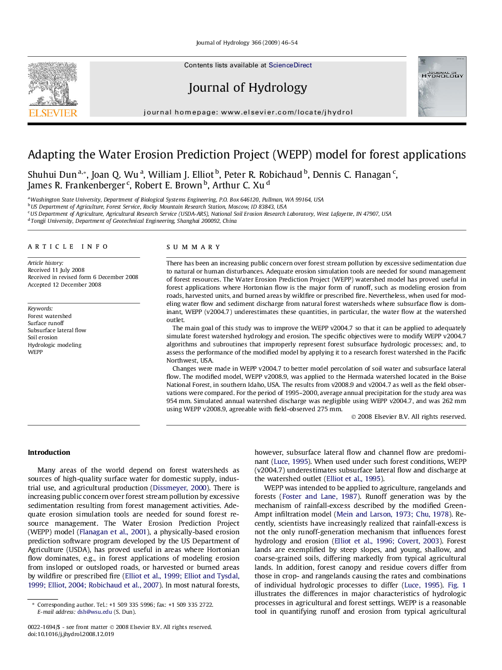 Adapting the Water Erosion Prediction Project (WEPP) model for forest applications