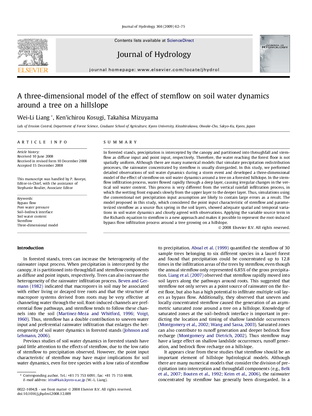 A three-dimensional model of the effect of stemflow on soil water dynamics around a tree on a hillslope