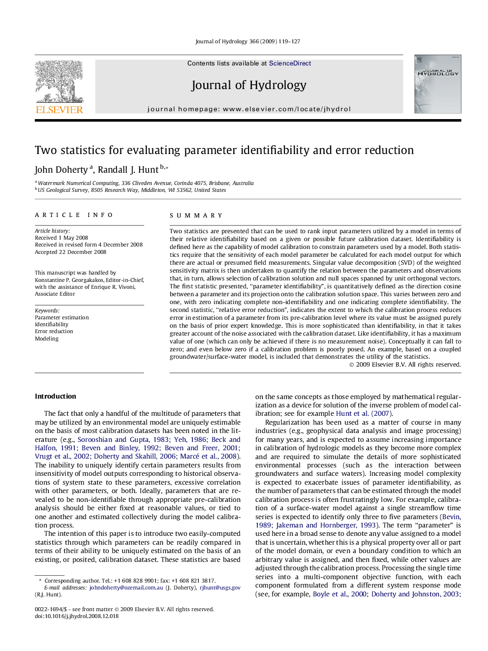 Two statistics for evaluating parameter identifiability and error reduction