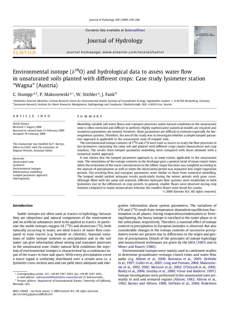 Environmental isotope (δ18O) and hydrological data to assess water flow in unsaturated soils planted with different crops: Case study lysimeter station “Wagna” (Austria)