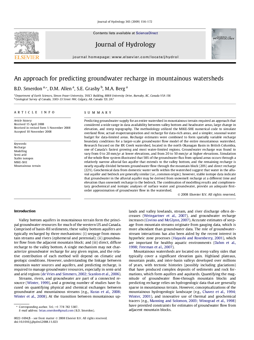 An approach for predicting groundwater recharge in mountainous watersheds