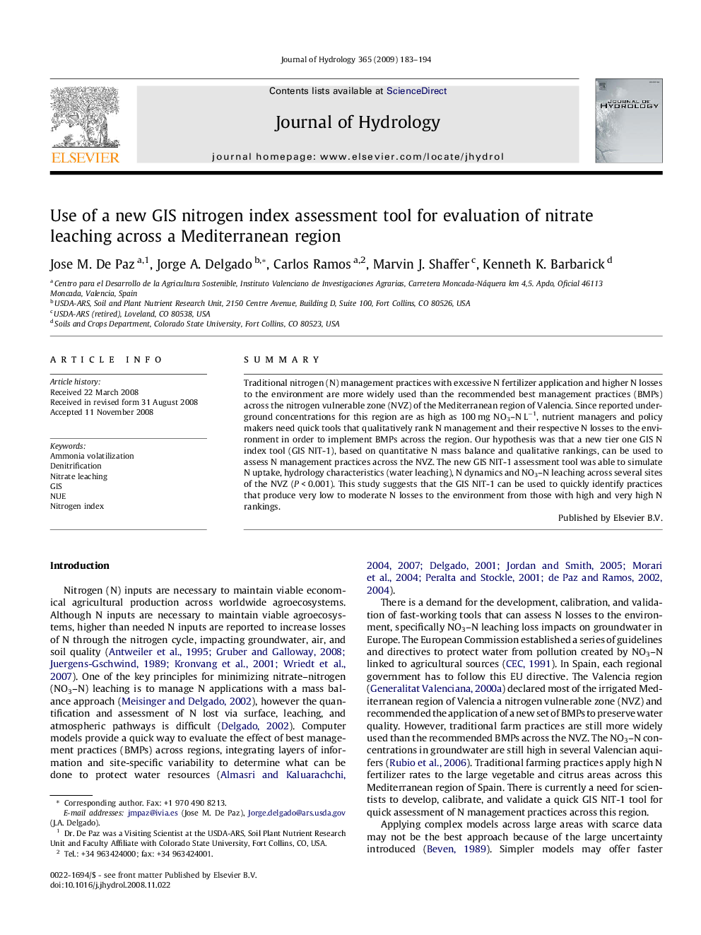 Use of a new GIS nitrogen index assessment tool for evaluation of nitrate leaching across a Mediterranean region