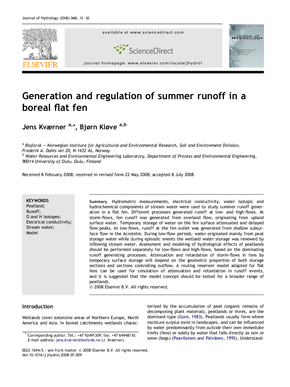 عکس صفحه اول مقاله: Generation and regulation of summer runoff in a boreal flat fen Generation and regulation of summer runoff in a boreal flat fen