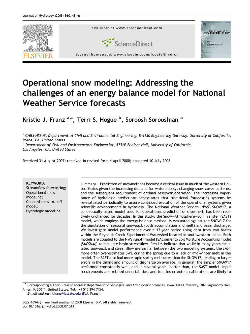 Operational snow modeling: Addressing the challenges of an energy balance model for National Weather Service forecasts