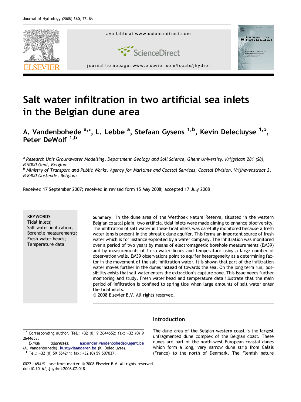 Salt water infiltration in two artificial sea inlets in the Belgian dune area