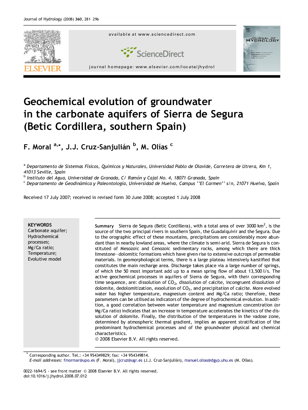 Geochemical evolution of groundwater in the carbonate aquifers of Sierra de Segura (Betic Cordillera, southern Spain)