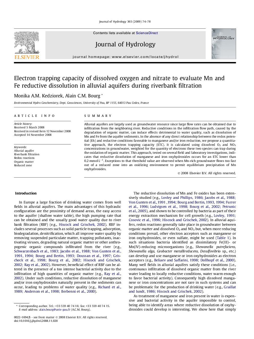 Electron trapping capacity of dissolved oxygen and nitrate to evaluate Mn and Fe reductive dissolution in alluvial aquifers during riverbank filtration