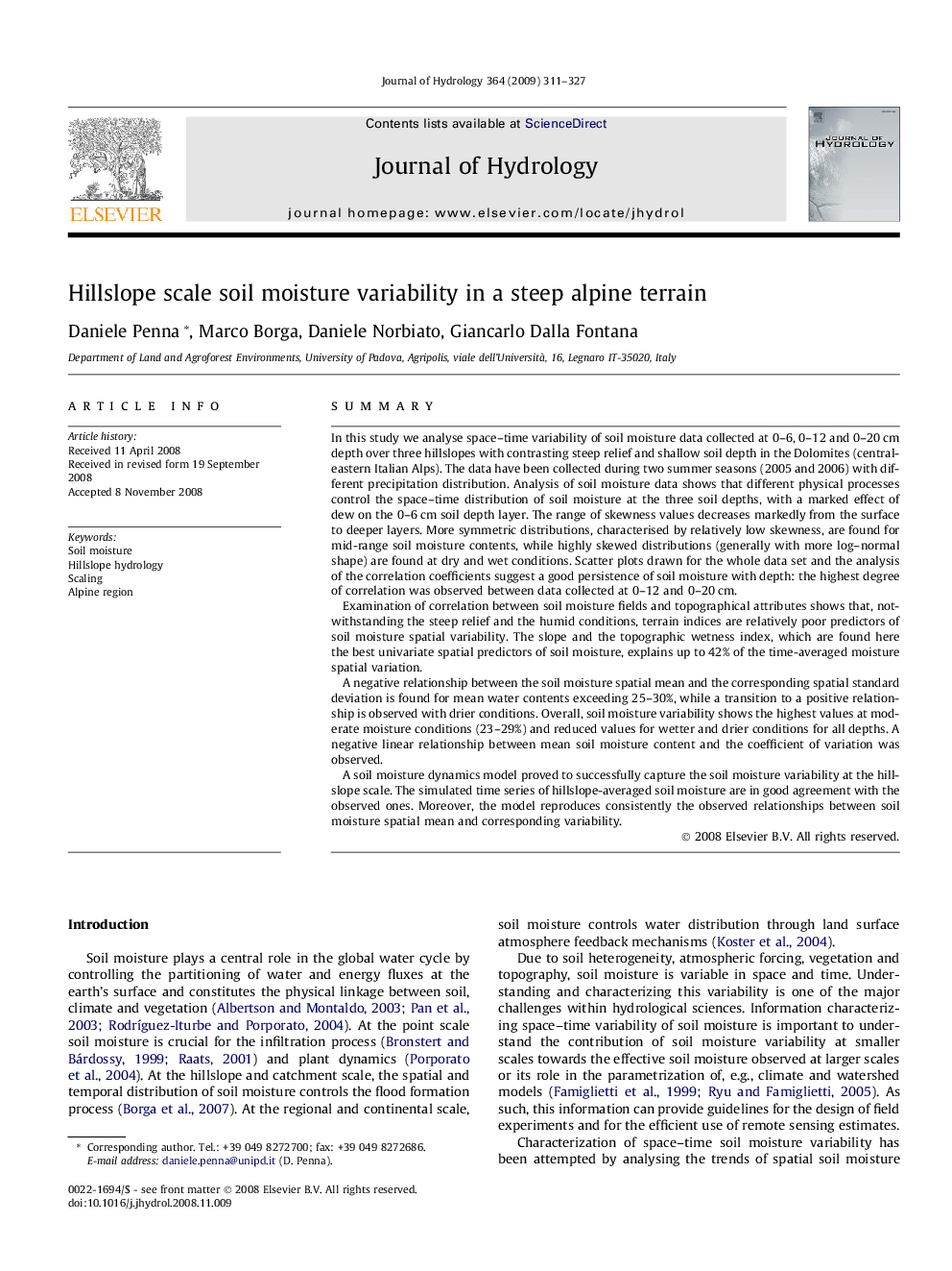 Hillslope scale soil moisture variability in a steep alpine terrain