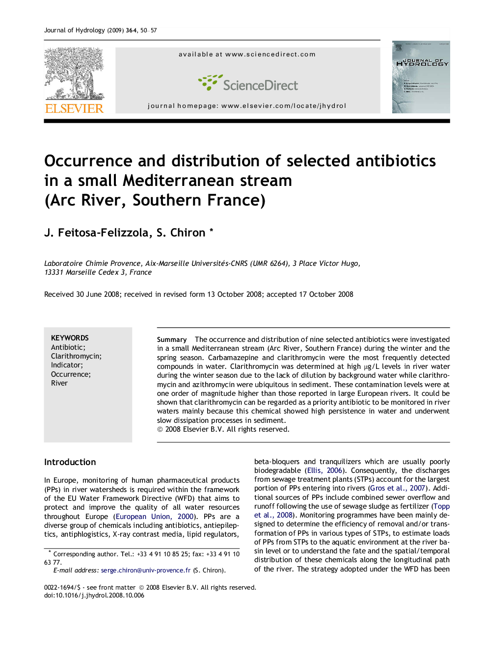 Occurrence and distribution of selected antibiotics in a small Mediterranean stream (Arc River, Southern France)