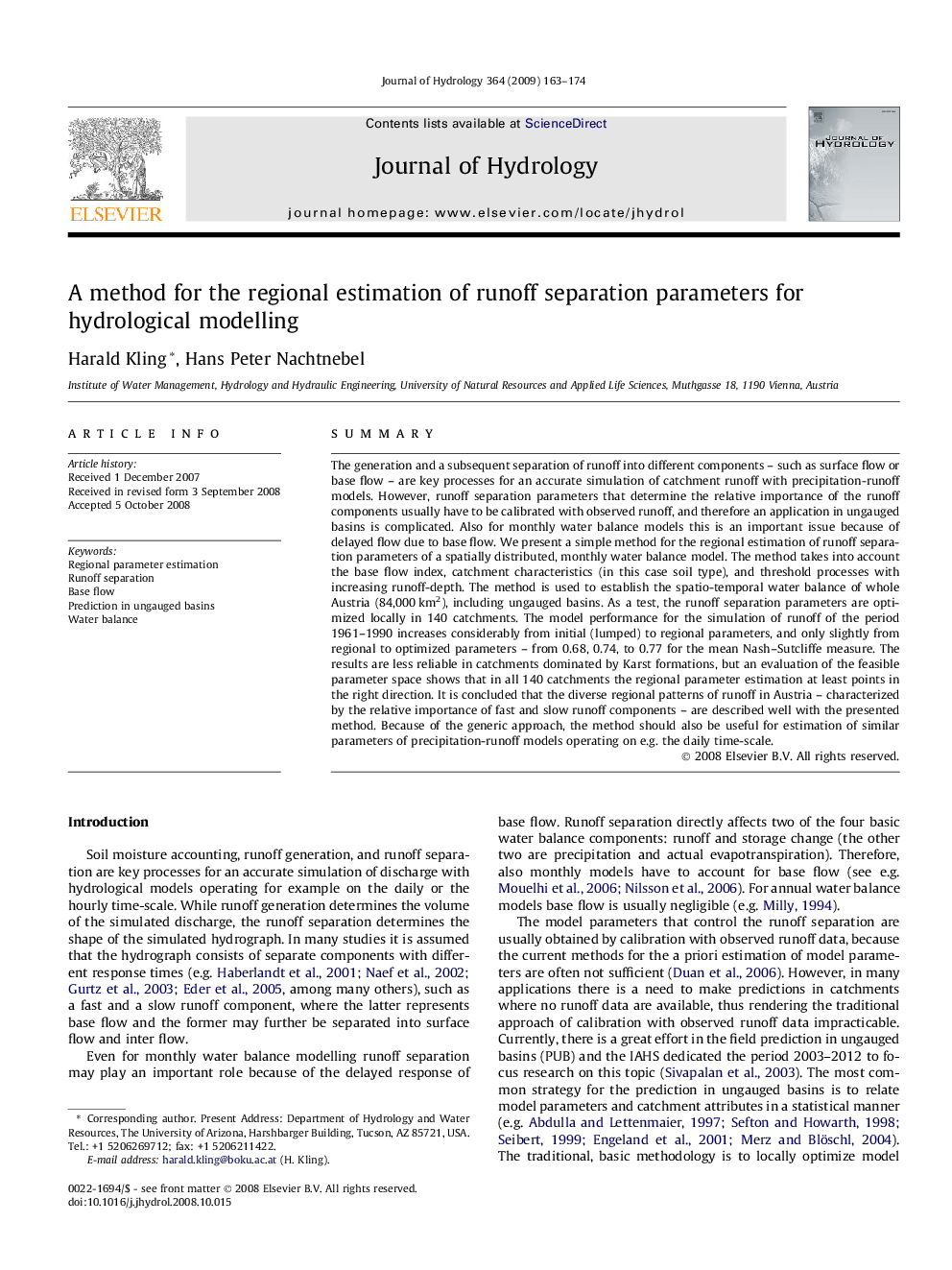 A method for the regional estimation of runoff separation parameters for hydrological modelling