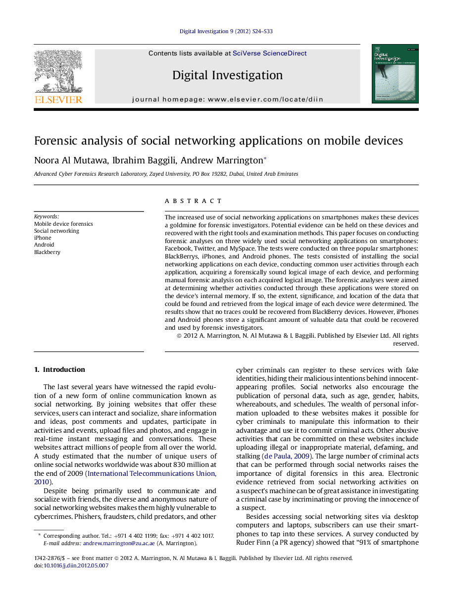 Forensic analysis of social networking applications on mobile devices