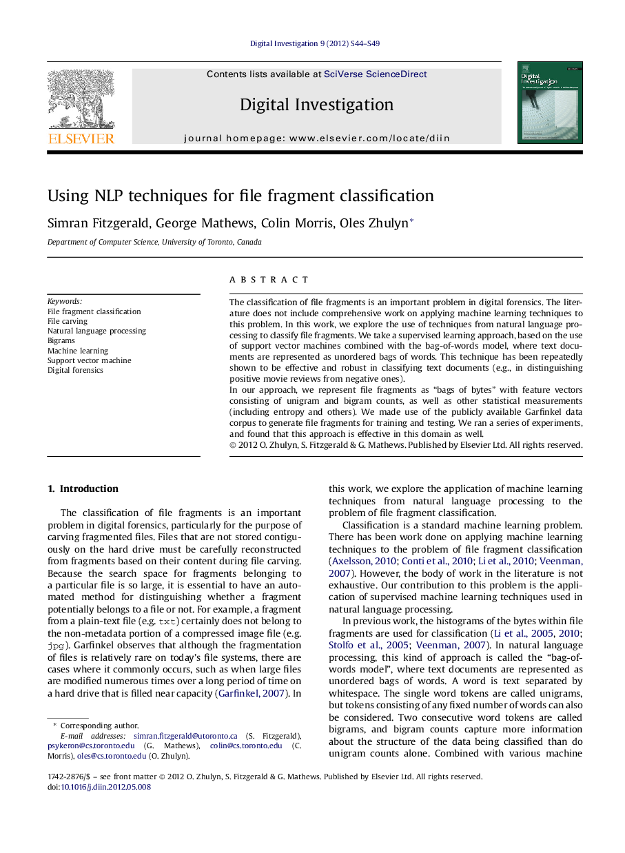 Using NLP techniques for file fragment classification