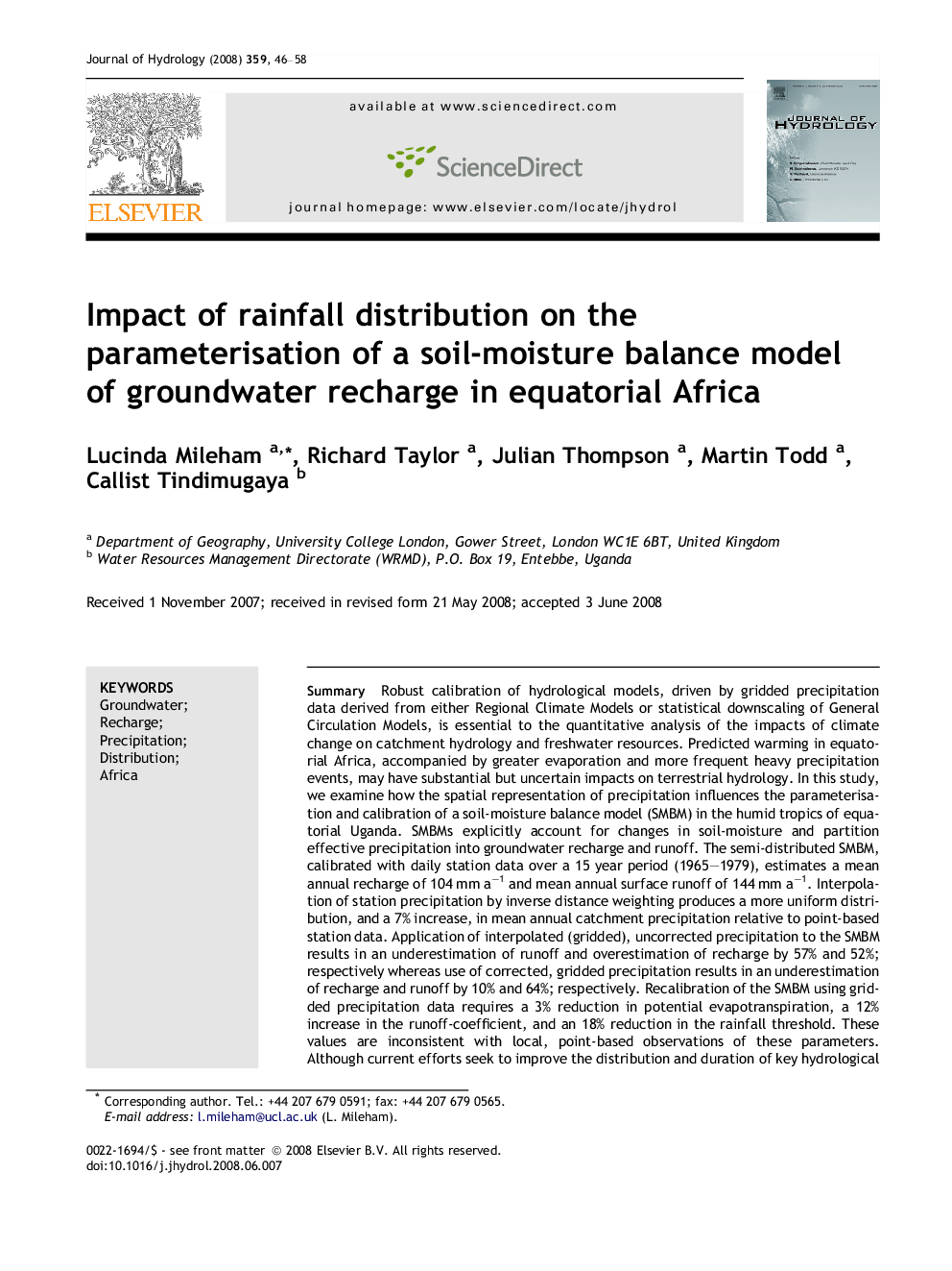 Impact of rainfall distribution on the parameterisation of a soil-moisture balance model of groundwater recharge in equatorial Africa