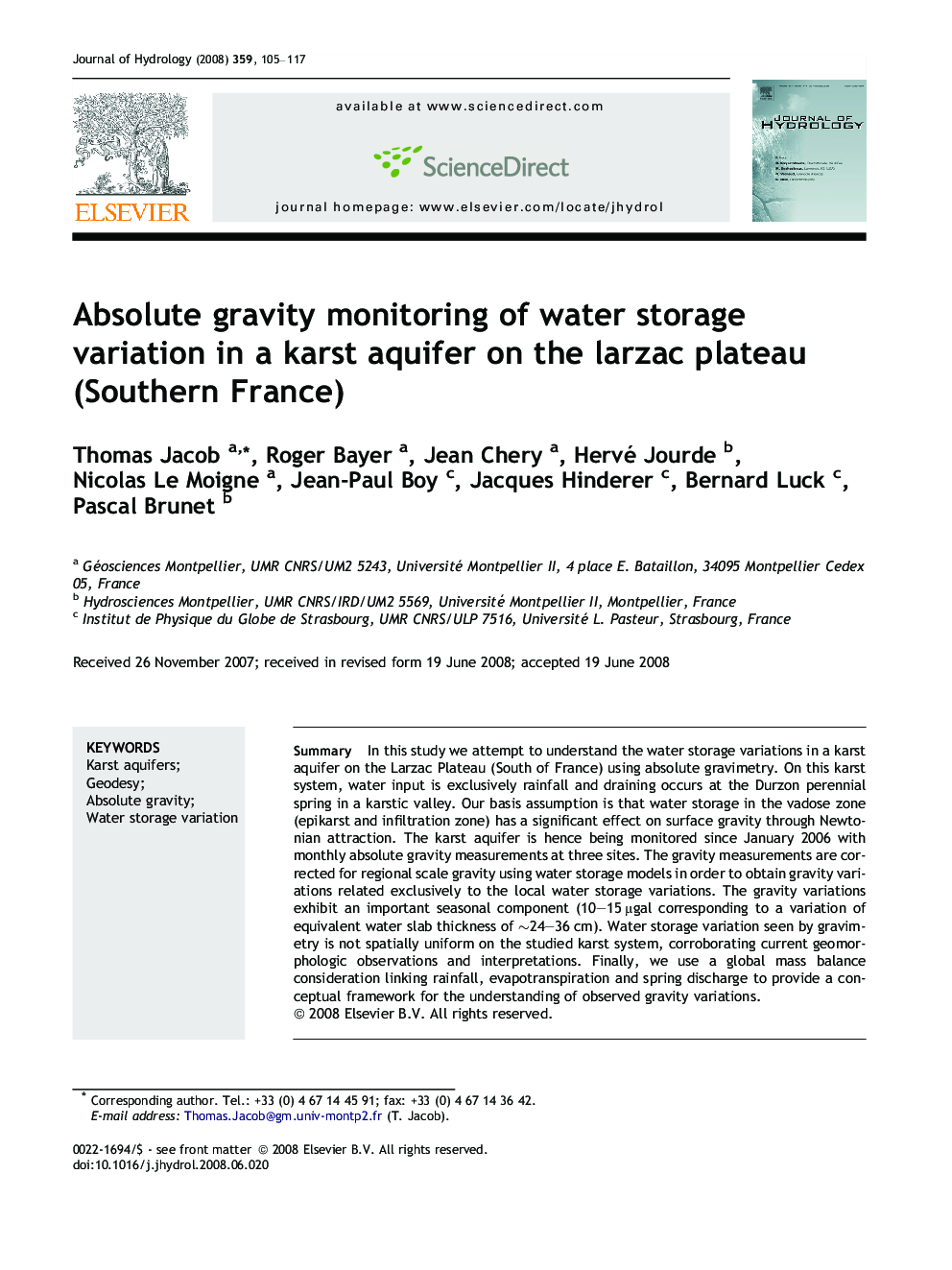 Absolute gravity monitoring of water storage variation in a karst aquifer on the larzac plateau (Southern France)