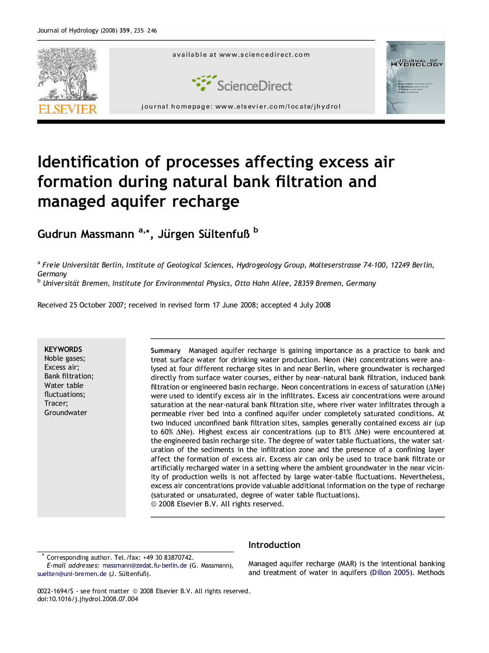 Identification of processes affecting excess air formation during natural bank filtration and managed aquifer recharge