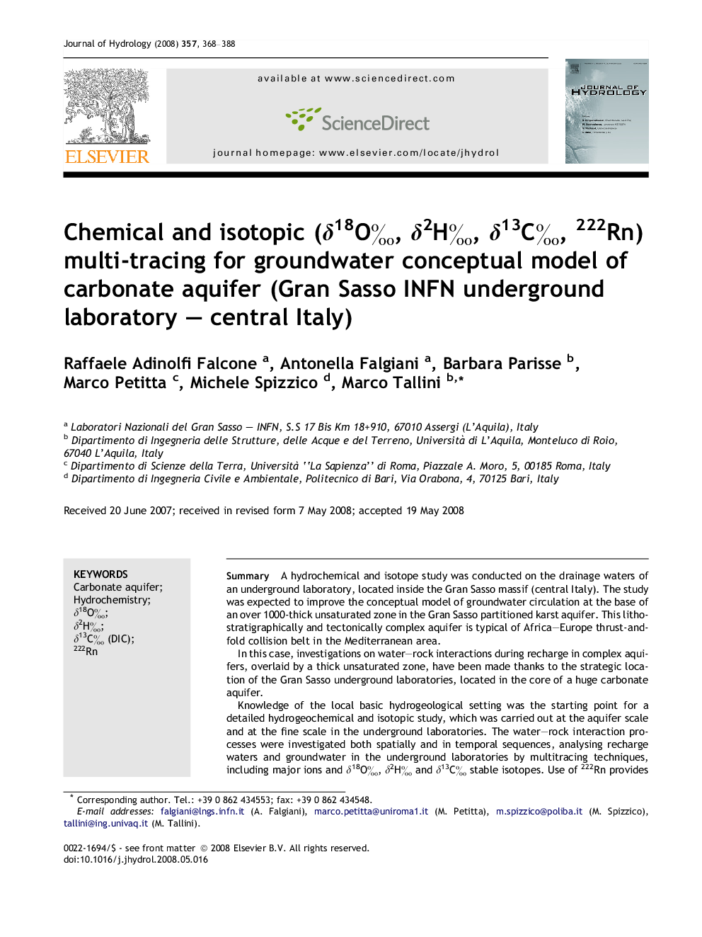 Chemical and isotopic (δ18O‰, δ2H‰, δ13C‰, 222Rn) multi-tracing for groundwater conceptual model of carbonate aquifer (Gran Sasso INFN underground laboratory – central Italy)