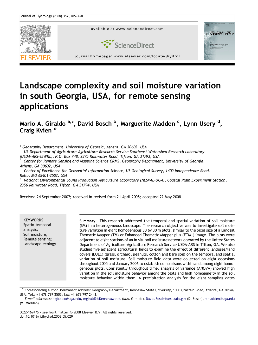 Landscape complexity and soil moisture variation in south Georgia, USA, for remote sensing applications