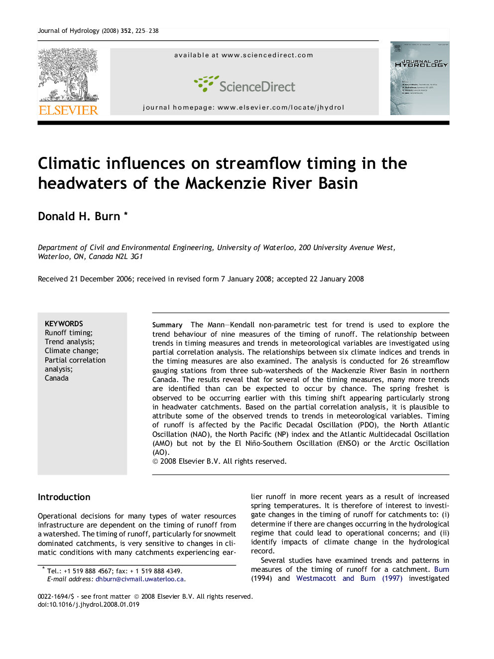 Climatic influences on streamflow timing in the headwaters of the Mackenzie River Basin