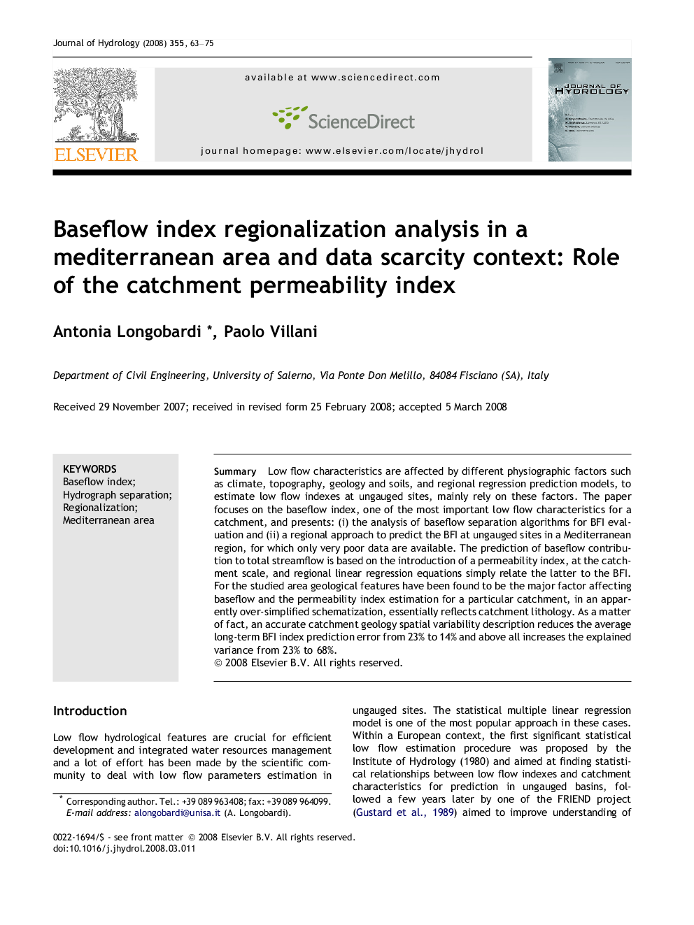 Baseflow index regionalization analysis in a mediterranean area and data scarcity context: Role of the catchment permeability index