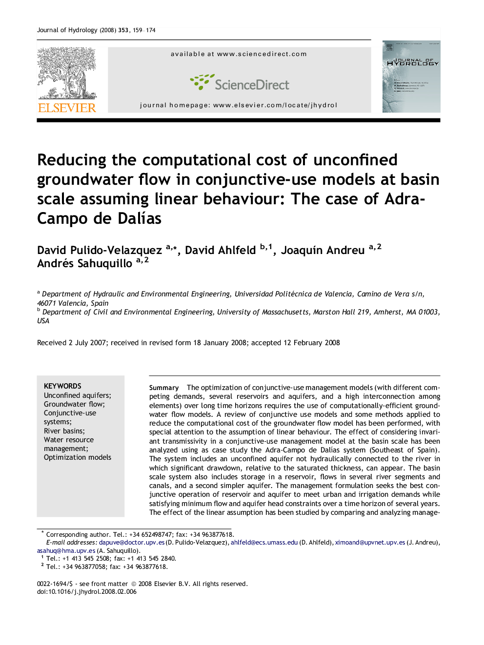 Reducing the computational cost of unconfined groundwater flow in conjunctive-use models at basin scale assuming linear behaviour: The case of Adra-Campo de Dalías