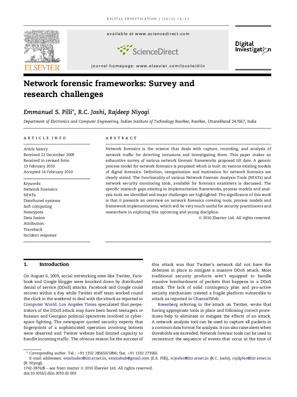 عکس صفحه اول مقاله: Network forensic frameworks: Survey and research challenges Network forensic frameworks: Survey and research challenges