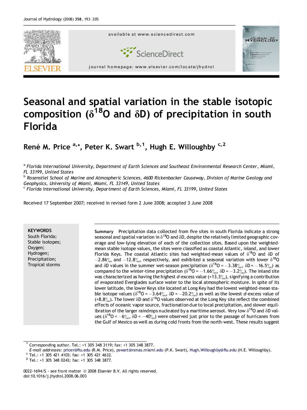 Seasonal and spatial variation in the stable isotopic composition (δ18O and δD) of precipitation in south Florida