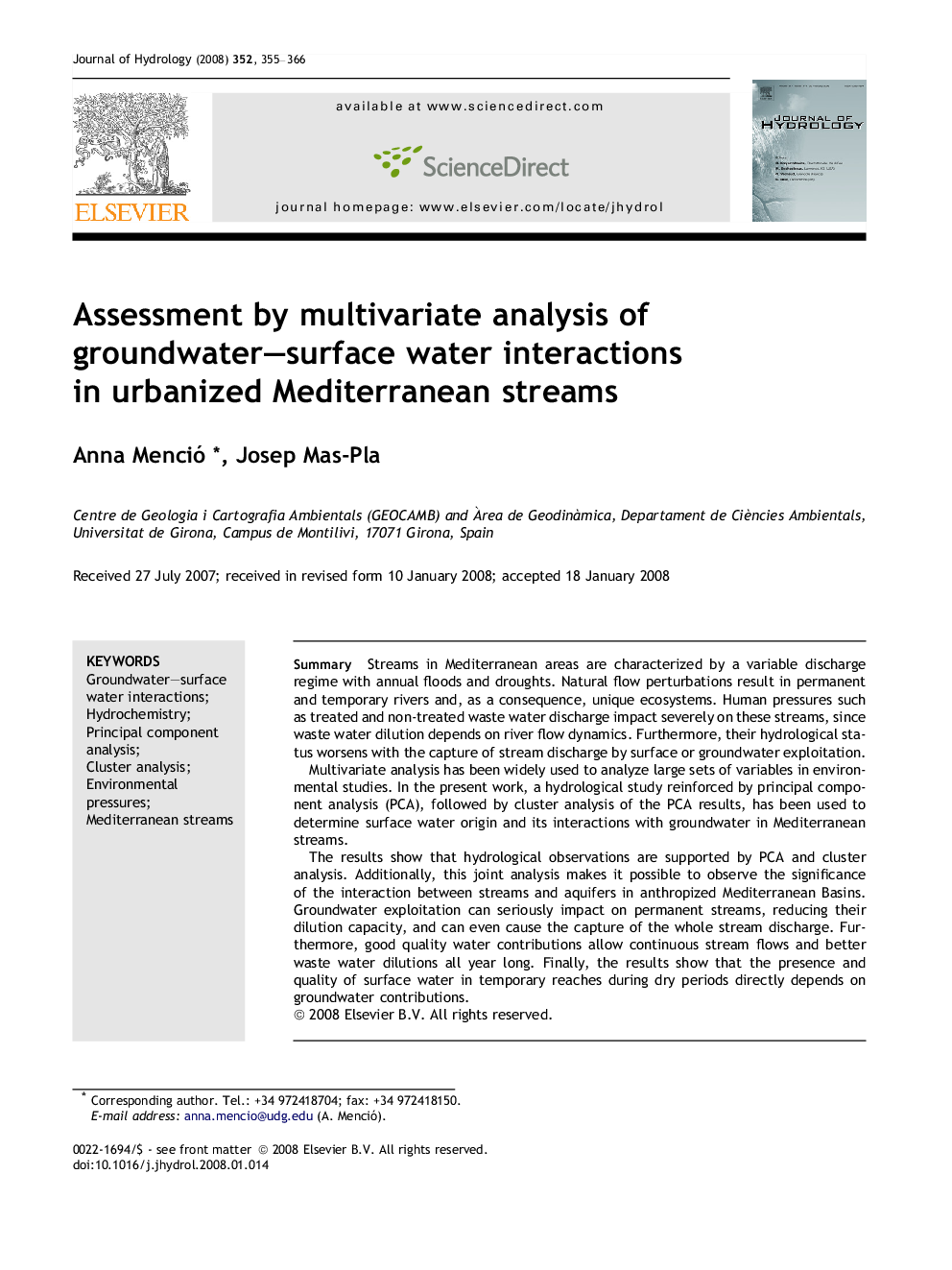 Assessment by multivariate analysis of groundwater–surface water interactions in urbanized Mediterranean streams