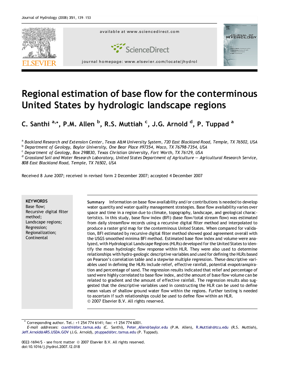 Regional estimation of base flow for the conterminous United States by hydrologic landscape regions