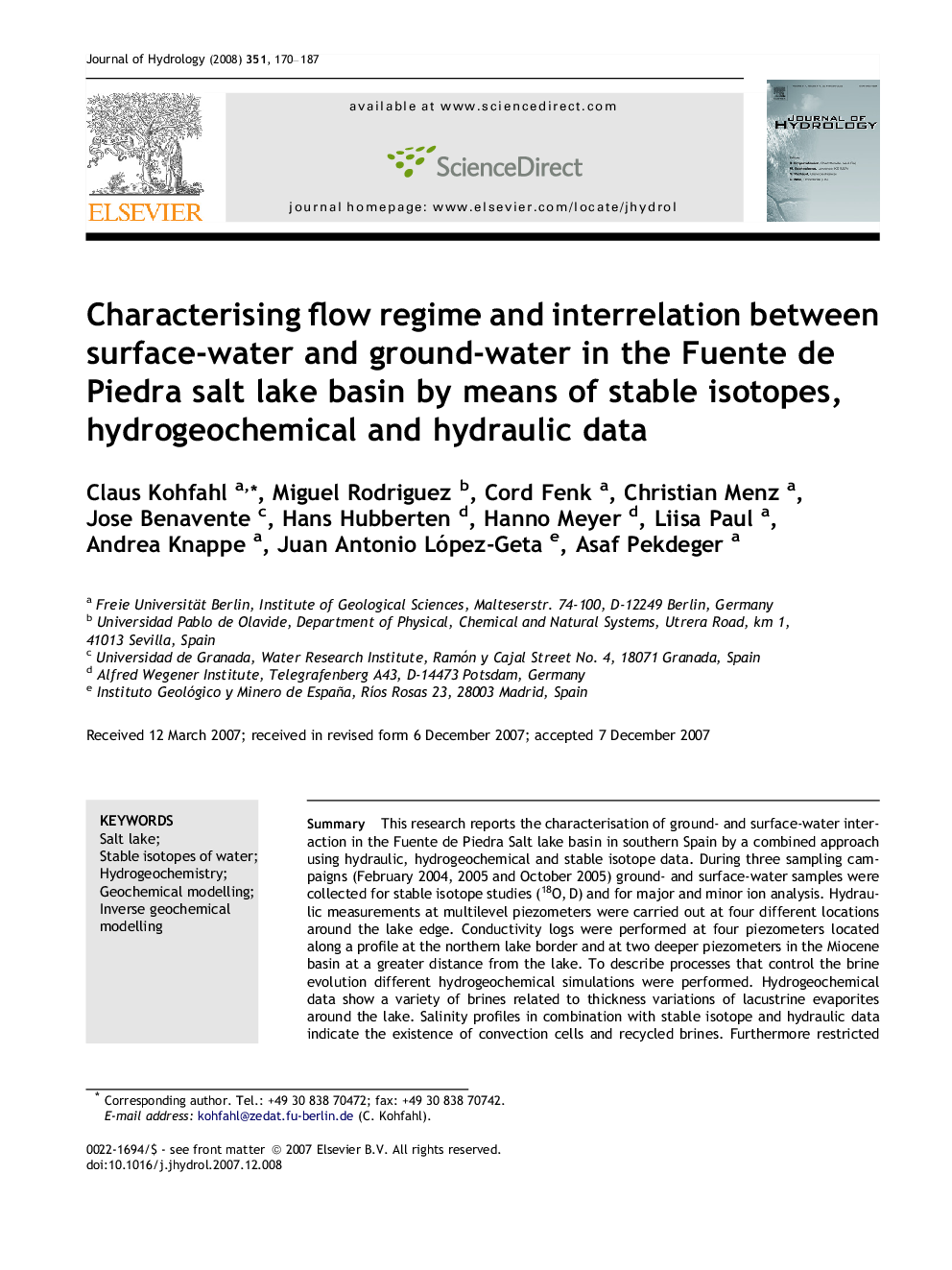 Characterising flow regime and interrelation between surface-water and ground-water in the Fuente de Piedra salt lake basin by means of stable isotopes, hydrogeochemical and hydraulic data