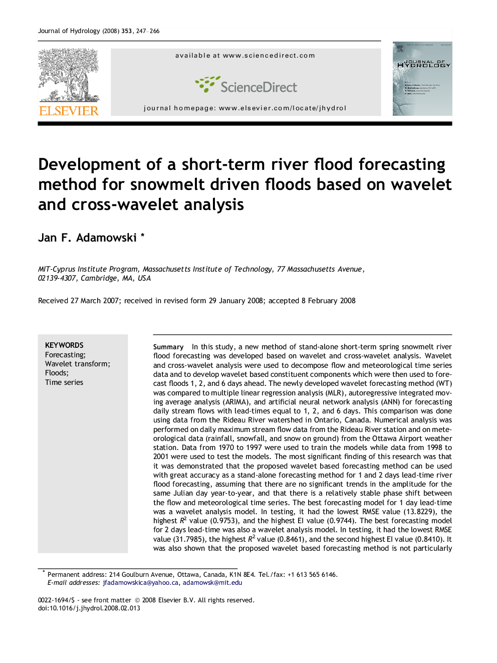 Development of a short-term river flood forecasting method for snowmelt driven floods based on wavelet and cross-wavelet analysis