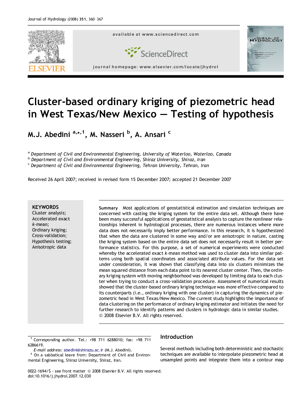 Cluster-based ordinary kriging of piezometric head in West Texas/New Mexico – Testing of hypothesis