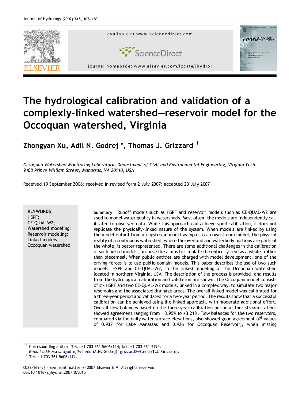 The hydrological calibration and validation of a complexly-linked watershed–reservoir model for the Occoquan watershed, Virginia