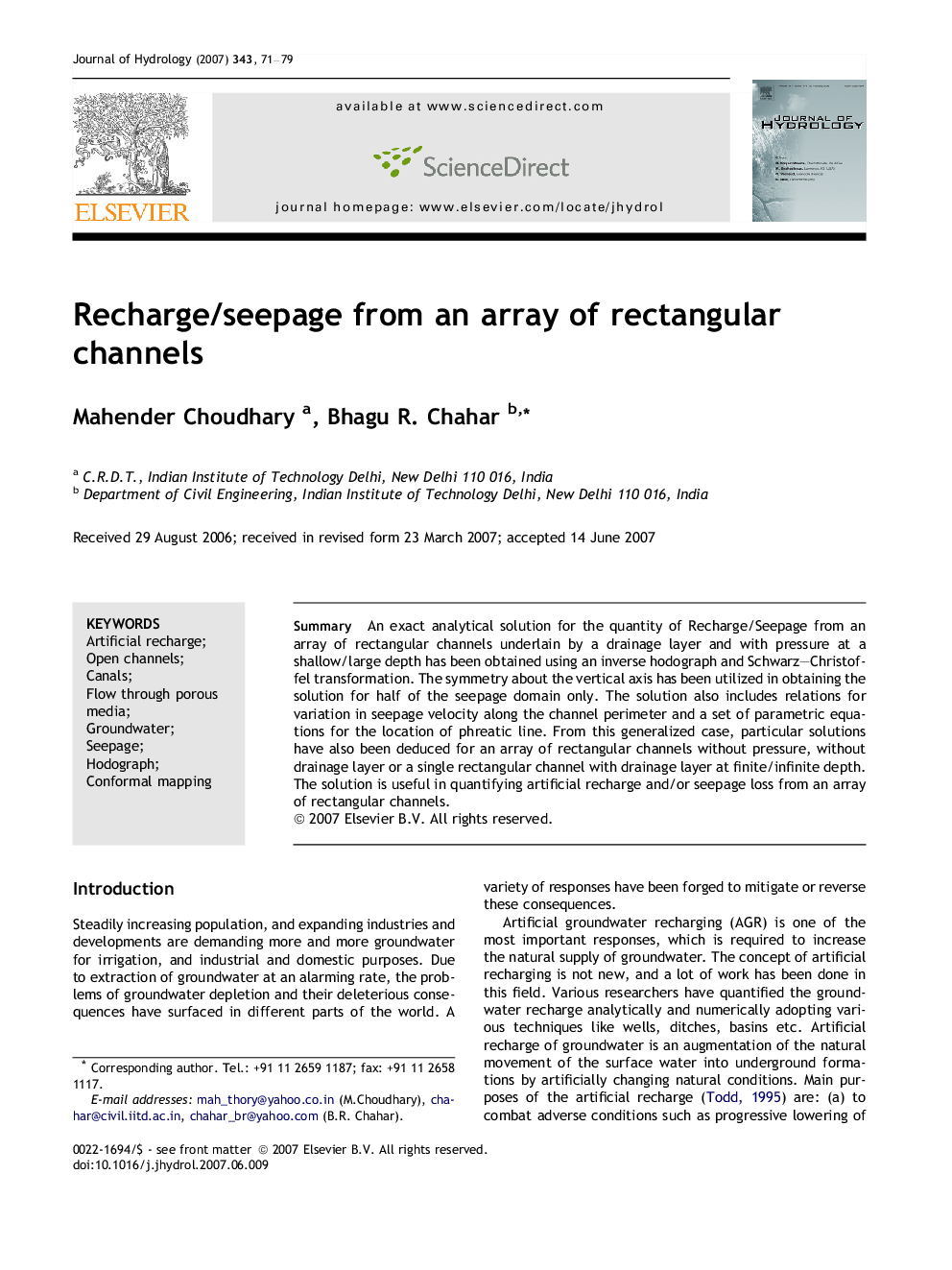 Recharge/seepage from an array of rectangular channels