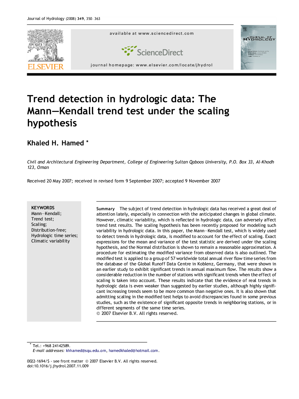 Trend detection in hydrologic data: The Mann–Kendall trend test under the scaling hypothesis