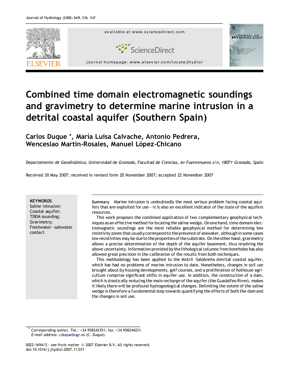 Combined time domain electromagnetic soundings and gravimetry to determine marine intrusion in a detrital coastal aquifer (Southern Spain)