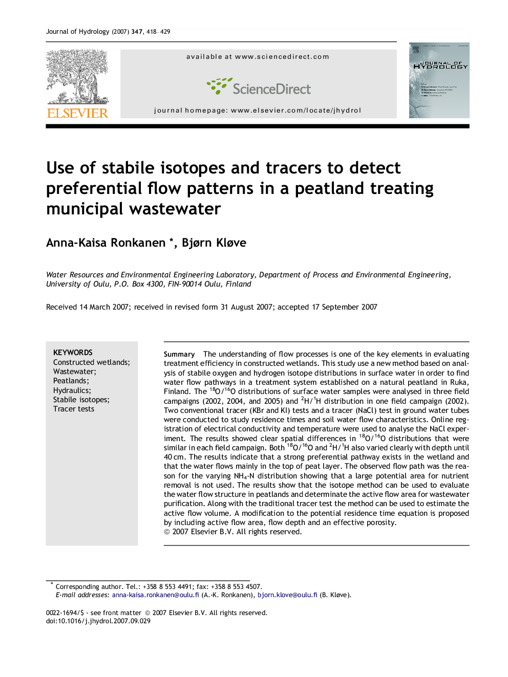 Use of stabile isotopes and tracers to detect preferential flow patterns in a peatland treating municipal wastewater