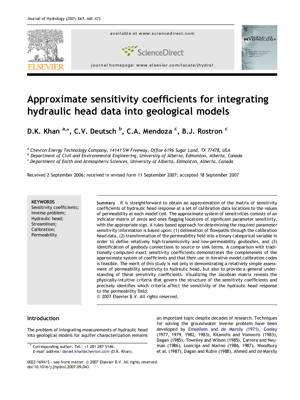 Approximate sensitivity coefficients for integrating hydraulic head data into geological models