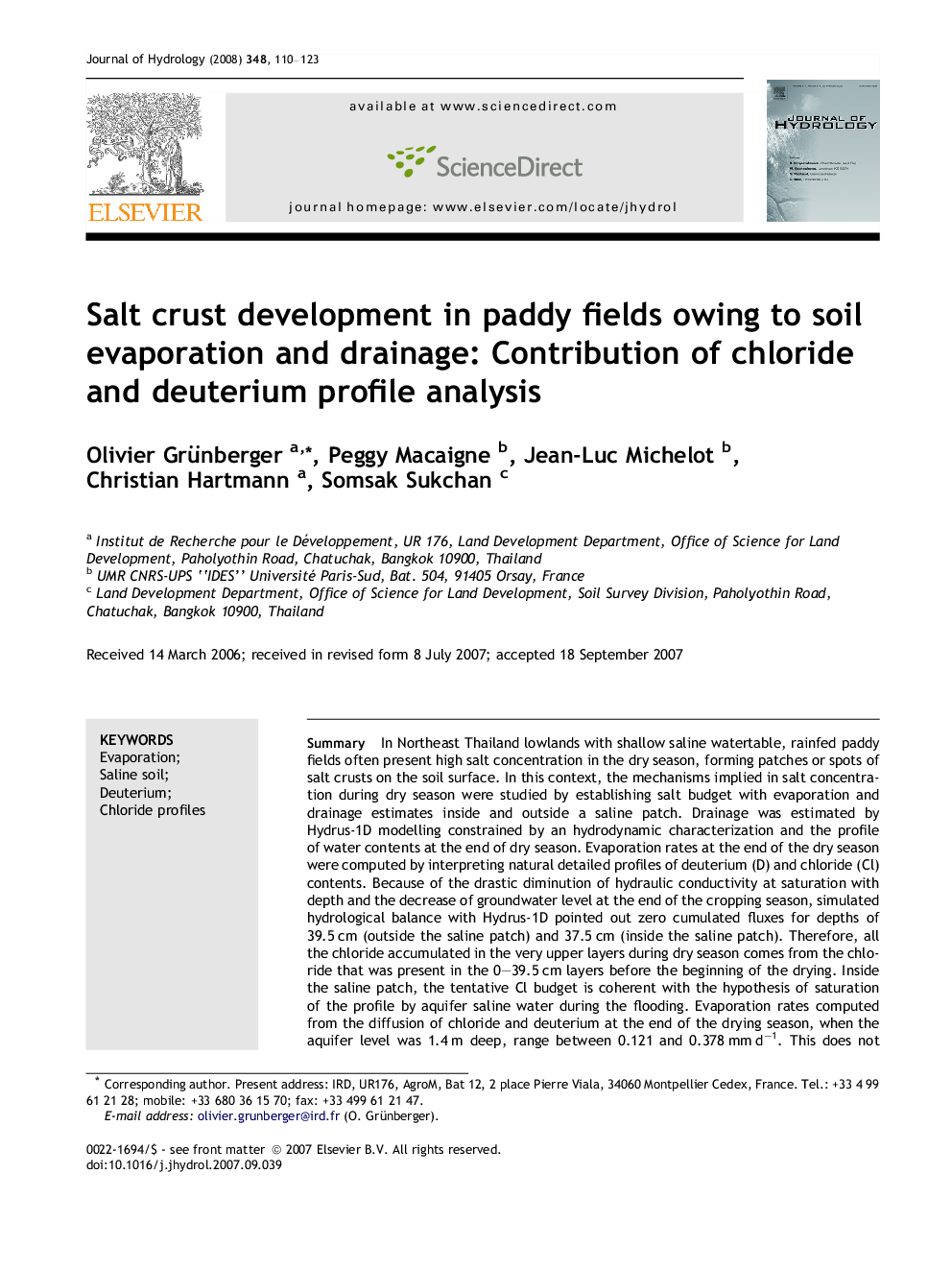 Salt crust development in paddy fields owing to soil evaporation and drainage: Contribution of chloride and deuterium profile analysis