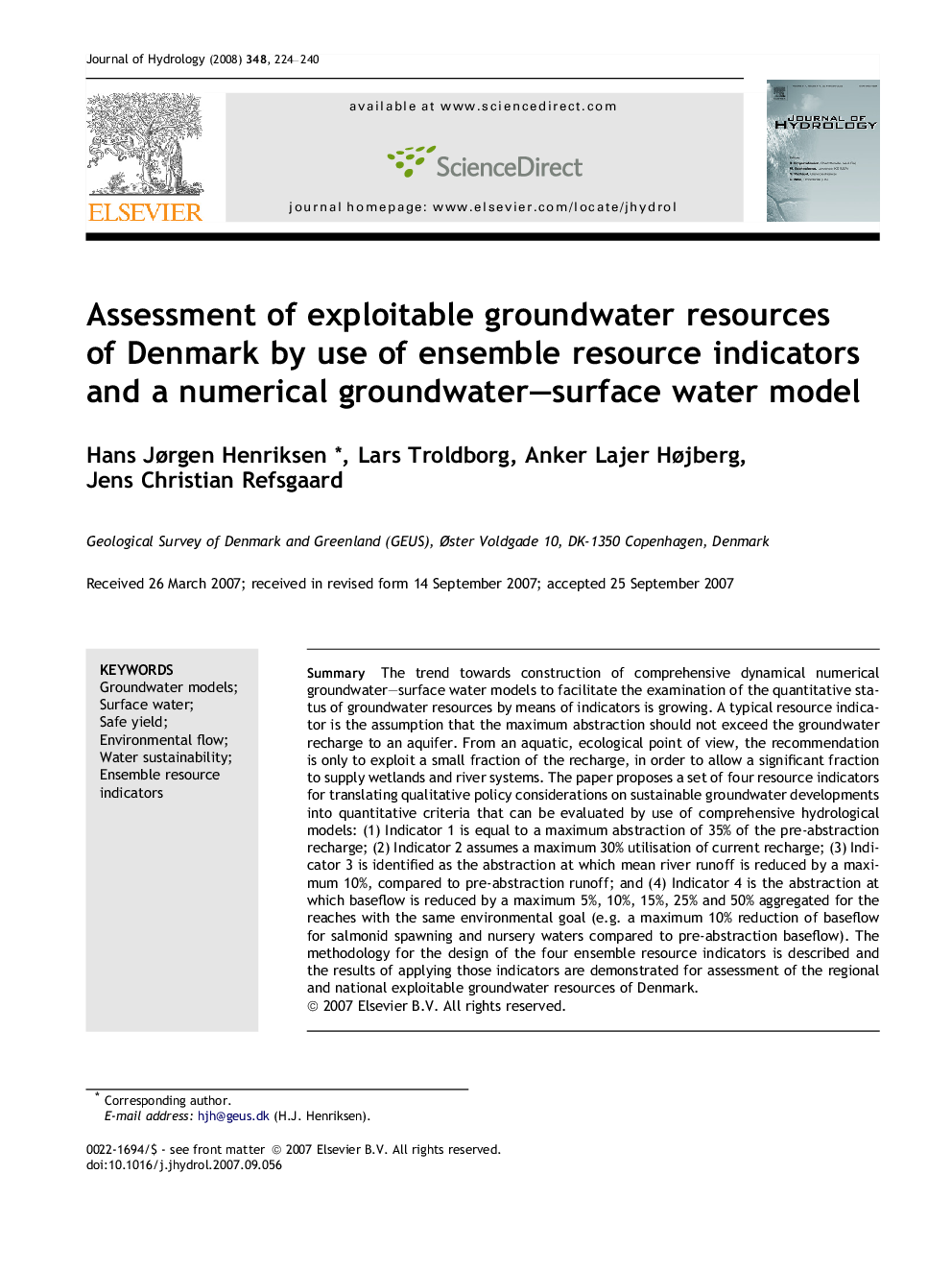 Assessment of exploitable groundwater resources of Denmark by use of ensemble resource indicators and a numerical groundwater–surface water model