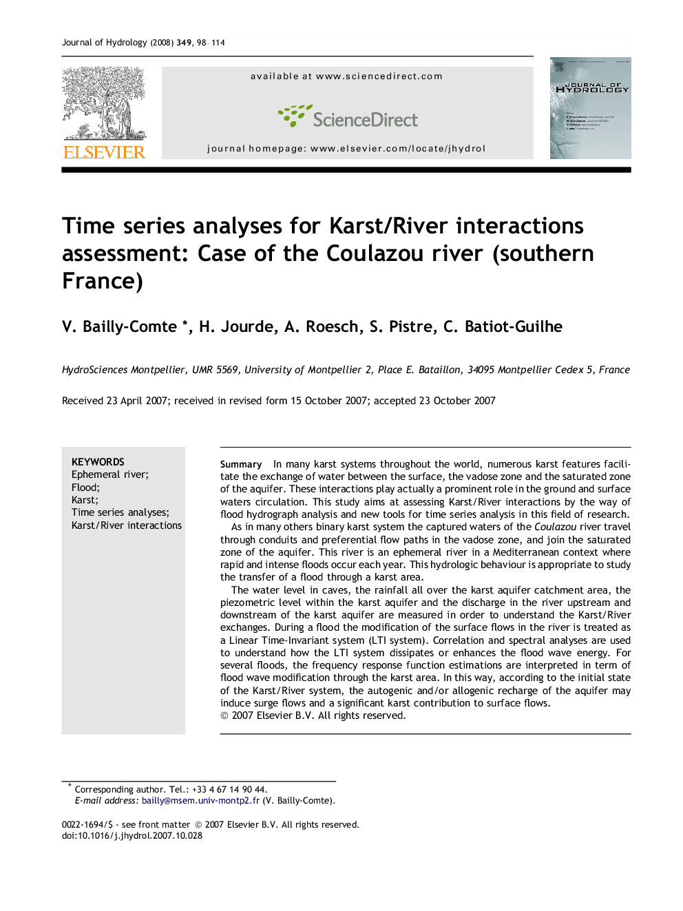 Time series analyses for Karst/River interactions assessment: Case of the Coulazou river (southern France)