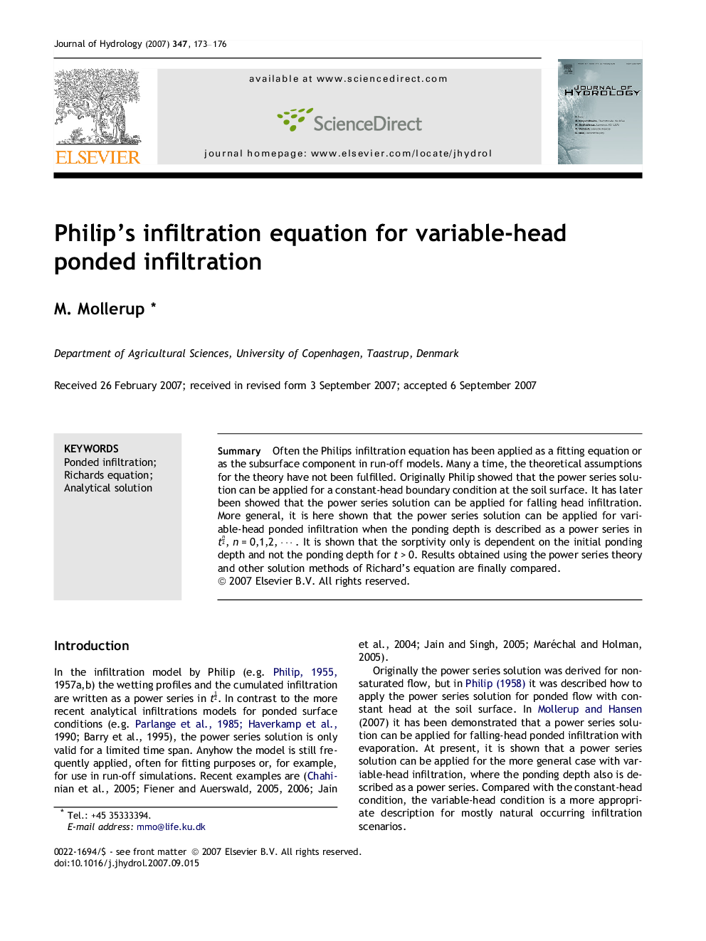 Philip’s infiltration equation for variable-head ponded infiltration