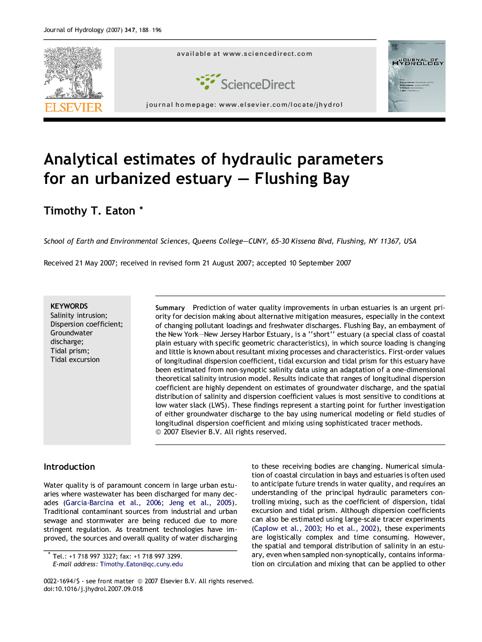 Analytical estimates of hydraulic parameters for an urbanized estuary – Flushing Bay