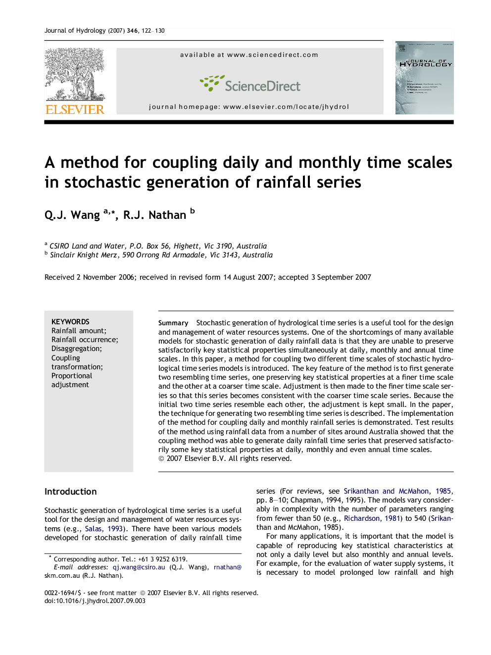 A method for coupling daily and monthly time scales in stochastic generation of rainfall series